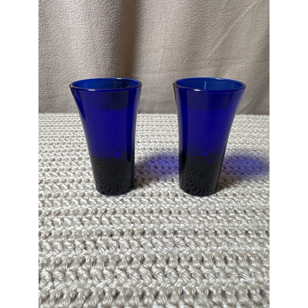 Vintage Cobalt Blue Glass Shot Glass Set of 2 Flared Hand Blown Barware 3.5in